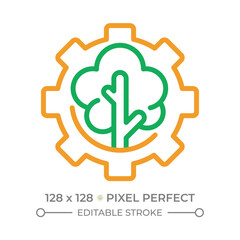 Forest management two color line icon. Resource management. Environmental conservation. Tree and gear. Bicolor outline symbol. Duotone linear pictogram. Isolated illustration. Editable stroke