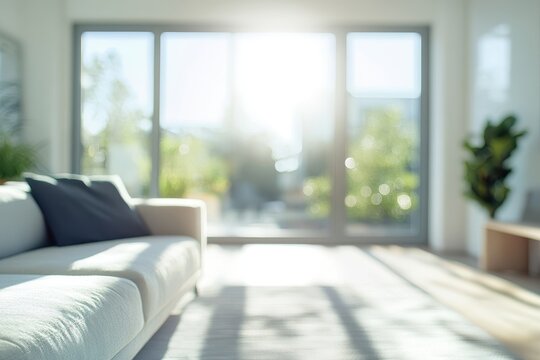 Fototapeta Sunny living room, sofa, garden view, relaxation, home decor