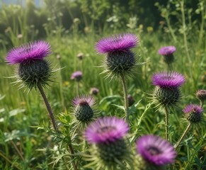 Vibrant wild thistles contrasting with the greenery, vivid, wild plant, plant life, colorful