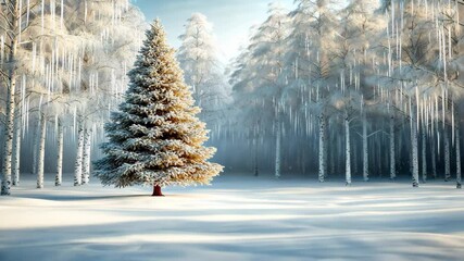 Create a serene and enchanting winter forest scene with snow covered trees, glistening icicles, and a soft blanket of snow to showcase your seasonal products in a magical setting.