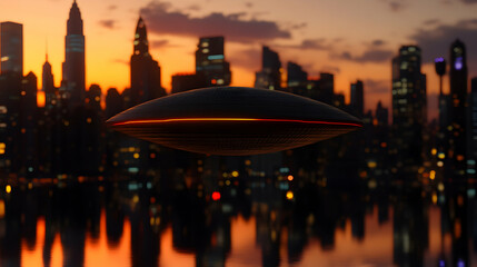 Naklejka premium Large alien spaceship hovering over the vibrant New York City skyline at sunset, casting an otherworldly glow on the metropolis, creating a captivating science fiction scene