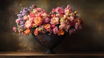 Elegant floral arrangement in a dark vase on a wooden surface against a textured backdrop