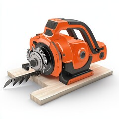 Fototapeta premium Orange Power Tool Cutting Wood With Precision Blade