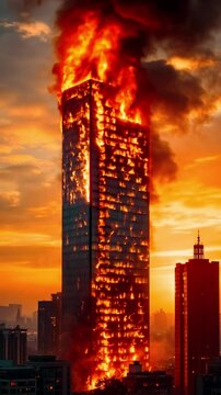 High-Rise Building Engulfed in Flames Against a Vibrant Evening Sky