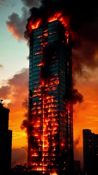 High-Rise Building Engulfed in Flames Against a Vibrant Evening Sky