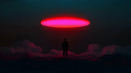 Dark silhouette of human figure standing on hilltop, watching massive glowing red spaceship hovering over mysterious nocturnal landscape, depicting sci fi dramatic encounter