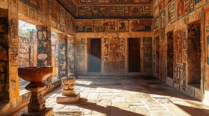 Obraz premium Ancient artistry and light dance in the tranquil ruins of a forgotten temple during golden hour. Generative AI