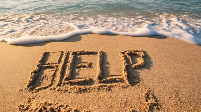 SOS on the Beach: The word "HELP" is etched into the golden sand of a beach, with gentle waves lapping at the shore, creating a poignant image of desperation and a plea for assistance.
