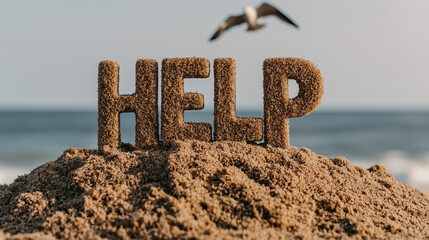 SOS on the Beach: The word "HELP" is meticulously crafted from sand on a beach dune, a seagull in flight adding a sense of urgency and isolation to the scene.