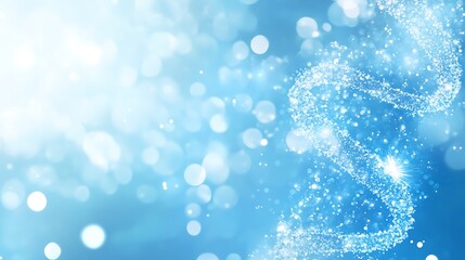 Floating DNA helix of shimmering particles on a soft blue background demonstrating the concept of genetics