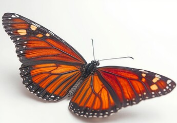 Fototapeta premium Monarch butterfly flying in side view, isolated on a white background, high-resolution digital photography with soft shadows and professional color grading.