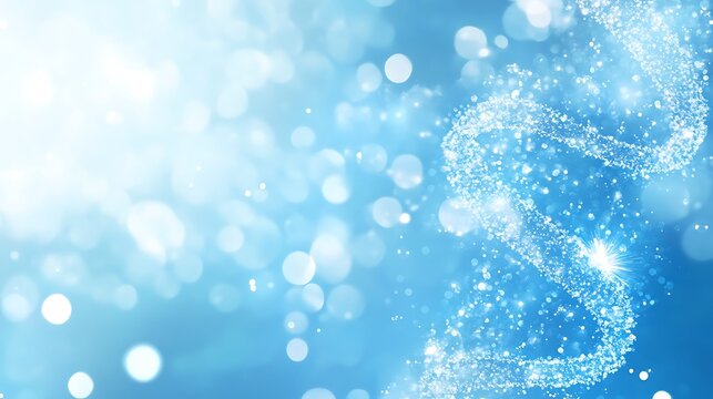 Floating DNA helix of shimmering particles on a soft blue background demonstrating the concept of genetics