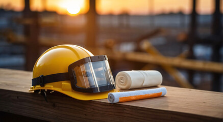 Fototapeta premium Yellow safety helmet with bandage on construction site. Occupational Safety and Health concept. Workplace safety on construction site