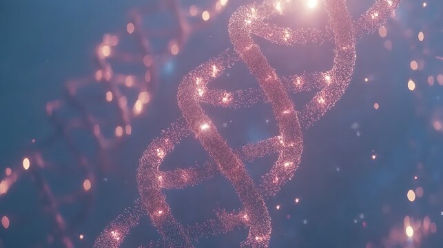 DNA helix structure made from glowing particles with a soft blue background conveying biotechnology concepts