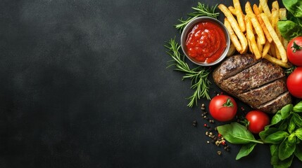 Delicious steak with fries and fresh ingredients on a dark background