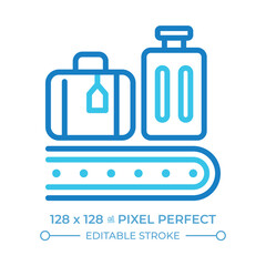 Baggage service two color line icon. Luggage on conveyor belt. Services at airport. Transporting, sorting bags. Bicolor outline symbol. Duotone linear pictogram. Isolated illustration. Editable stroke