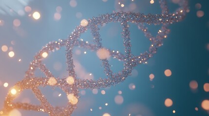 Glowing DNA helix created by sparkling particles floating in the air on a soft blue background