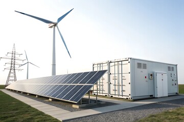 Remote renewable energy setup with solar panels and wind turbine