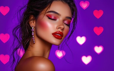 A glamorous woman with bold red lipstick and sparkling earrings, placed on a vibrant violet backdrop with glowing pink heart accents for Saint Valentines Day and International Womens Day