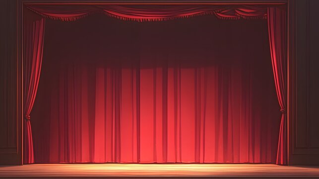 Open theater curtains revealing an empty stage with a dark backdrop, ideal for customization.