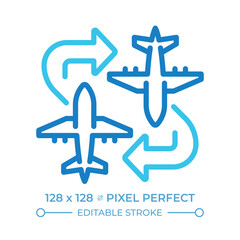 Fototapeta premium Charter flight two color line icon. Airplanes with arrows. Flexible flight routes. Private aviation. Travel. Bicolor outline symbol. Duotone linear pictogram. Isolated illustration. Editable stroke