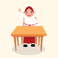 single Muslim indonesian elementary student raise hand