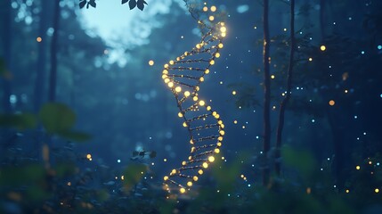 Floating DNA helix created by luminous particles on a serene blue backdrop representing the essence of biotechnology