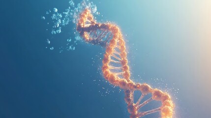 Floating DNA helix created by luminous particles on a serene blue backdrop representing the essence of biotechnology