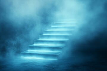 Blue, luminous stairs rise through hazy, misty atmosphere.