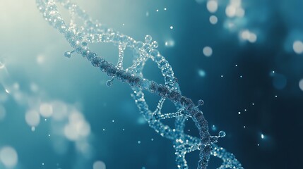 Transparent DNA helix formed by radiant particles suspended against a calm blue background illustrating biotechnology