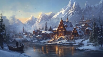 A Picturesque Winter Village Nestled Among Majestic Mountains