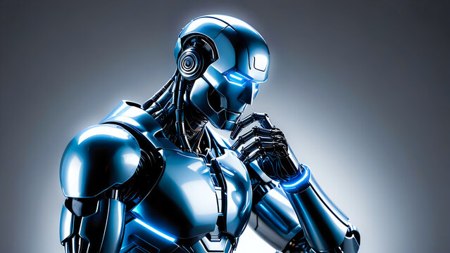 Portrait of a metallic blue robot thinking very hard. Abstract dark background.