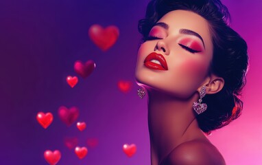 Obraz premium A glamorous woman with bold red lipstick and sparkling earrings, set on a vibrant purple-pink gradient background with heart shapes for Saint Valentines Day and International Womens Day