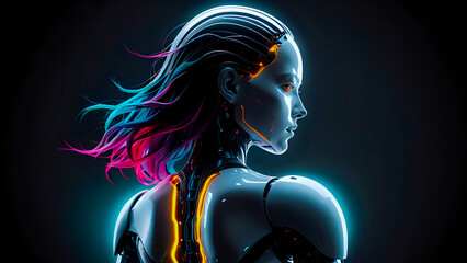 Back shot of silhouetted female android with colorful hair waving. Beautifully backlit. Abstract dark background.