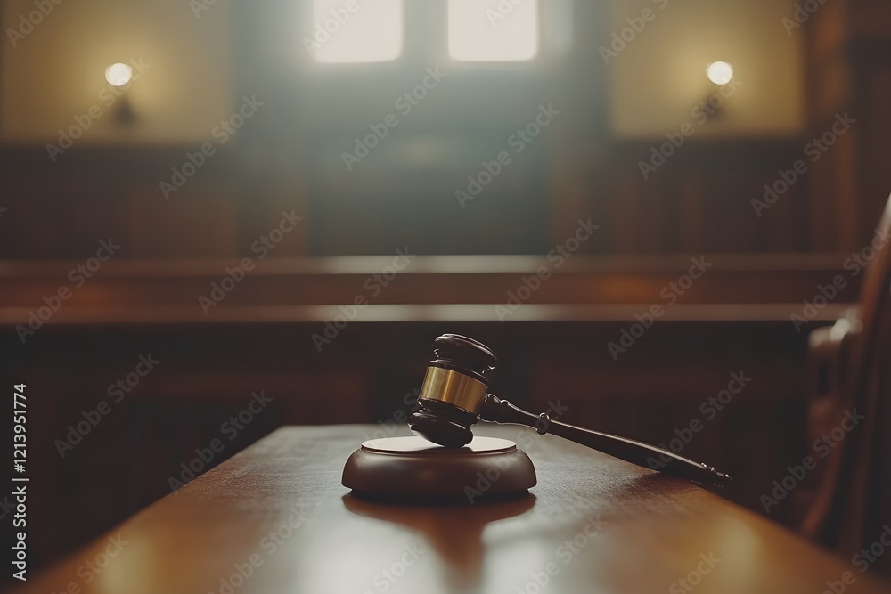 Poster a high-contrast, minimalistic image of a gavel resting on an empty courtroom bench, the background b