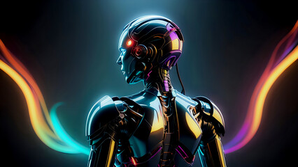 Back shot of a metallic cyborg with abstract colorful glowing waves background