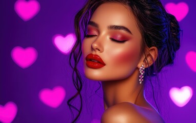 Fototapeta premium A glamorous woman with bold red lipstick and sparkling earrings, placed on a vibrant violet backdrop with glowing pink heart accents for Saint Valentines Day and International Womens Day