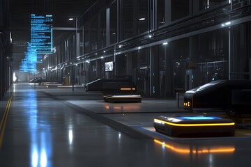 A futuristic robotic system placing glowing parts into a tech product, with blue neon data projections floating around the factory floor.