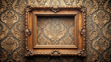 Obraz premium Antique wooden picture frame with intricate carvings and ornate details on damask background, vintage frames, ornate frames