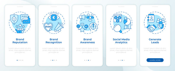 Brand reputation tracking blue onboarding mobile app screen. Walkthrough 5 steps editable graphic instructions with linear concepts. UI, UX, GUI template. Montserrat SemiBold, Regular fonts used