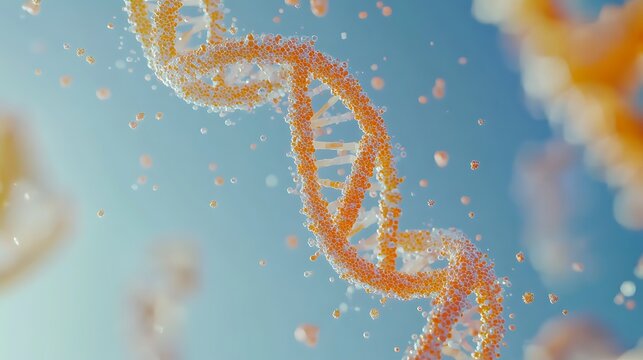 Floating DNA helix created by radiant particles suspended against a soft blue backdrop illustrating the world of genetics