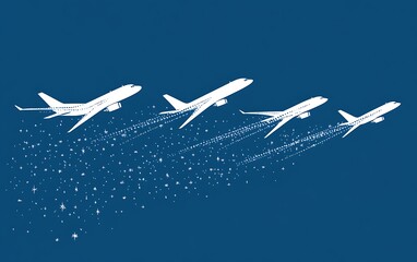 Airplane silhouettes in flight trails against night sky. Possible use Stock photo for travel, air travel or aviation themes