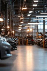 A wide-angle view captures a professional garage bustling with activity, featuring several cars in various stages of servicing, illuminated by bright overhead lights