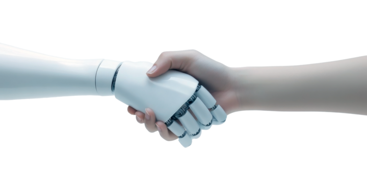 Symbolic human and robot handshake, artificial intelligence concept