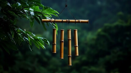Bamboo wind chime hanging outdoors, rain, green leaves, forest background, nature serenity