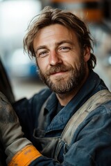 A mechanic stands casually against a vehicle, wearing a uniform and gloves, smiling subtly in a bright workshop. The background is softly blurred, creating a modern, relatable atmosphere