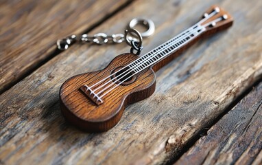 Fototapeta premium A keychain showcasing a tiny guitar, ideal for music enthusiasts, with detailed strings and wood texture.