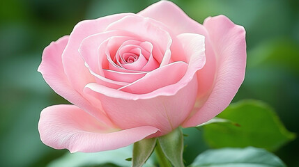 Close-up of a single, light pink rose in bloom.