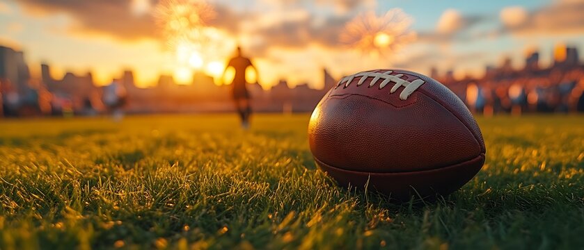 American football on grass at sunset.