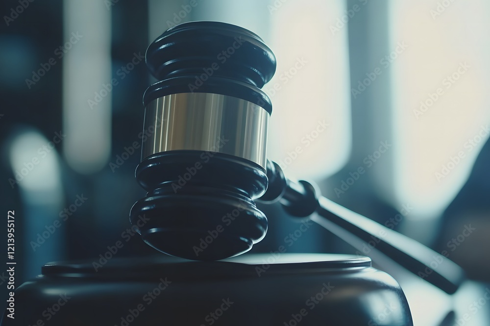 Poster close-up of a gavel casting a reflection on a glossy surface, with a blurred courtroom scene faintly